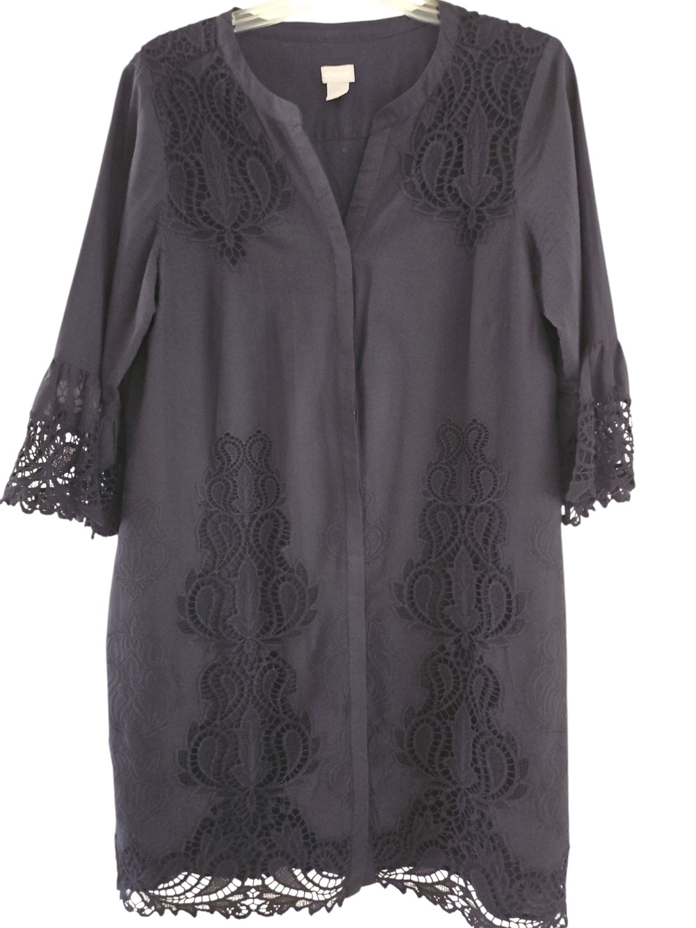 Chico's 3 Black Cotton & Lace Topper Jacket Size 16 /XL Duster Bell Sleeve